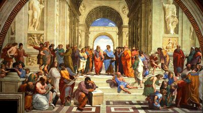 Tableau représentant une agora de philosophes à l'Antiquité grecque