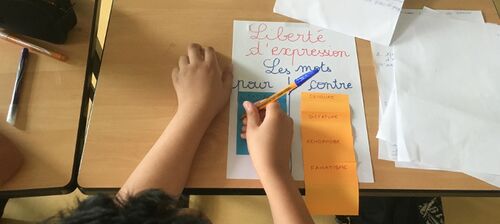 Collégien d'Iqbal Masih classant des mots du débat sur la liberté d'expression dans une colonne "pour" ou "contre"